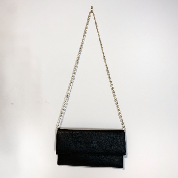 Black Leather Clutch Bag with Gold Chain - Picture 2 of 5